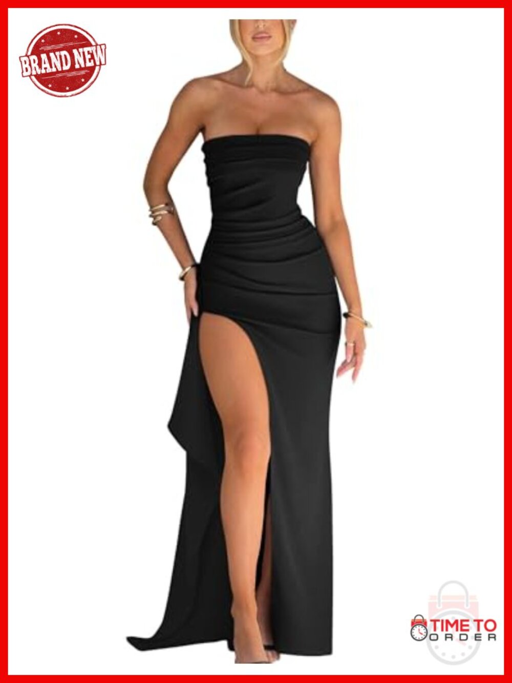 Womens Strapless Bodycon Ruched High Slit Formal Evening Gown Dress